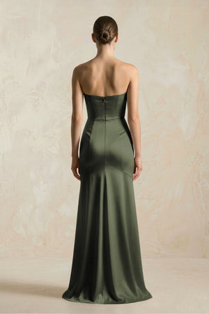 Sheath Sweetheart Corset Satin Bridesmaid Dress in Olive - KissProm Bridesmaid Dresses