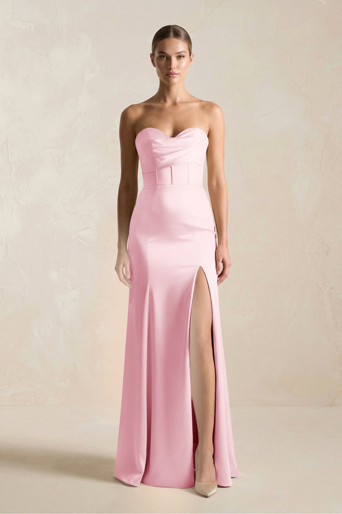 Sheath Sweetheart Corset Satin Bridesmaid Dress in Pink - KissProm Bridesmaid Dresses