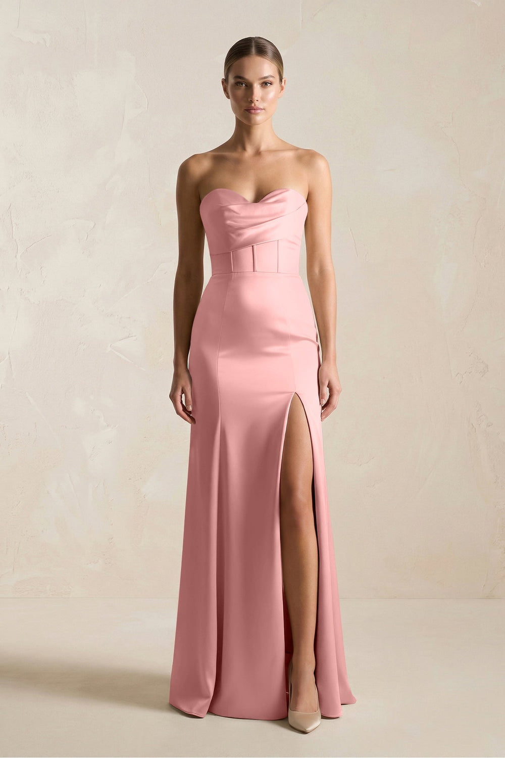 Sheath Sweetheart Corset Satin Bridesmaid Dress in Rosette - KissProm Bridesmaid Dresses