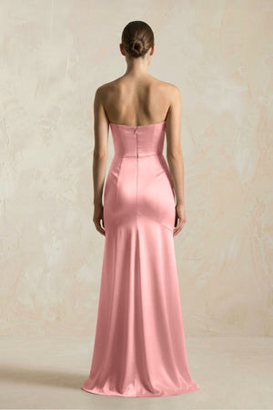 Sheath Sweetheart Corset Satin Bridesmaid Dress in Rosette - KissProm Bridesmaid Dresses