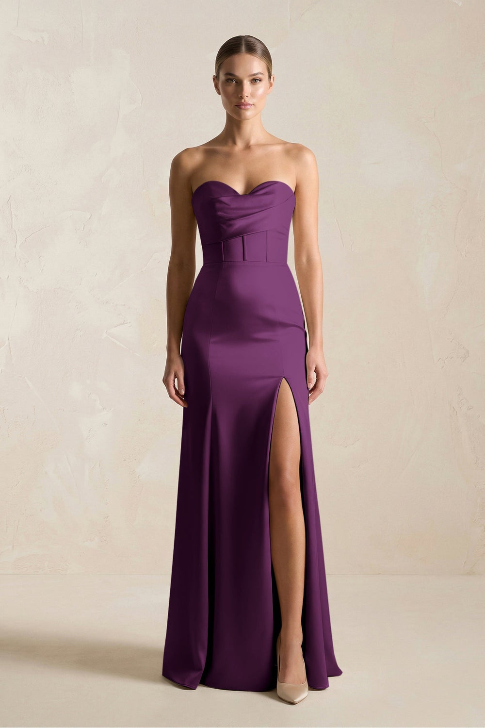 Sheath Sweetheart Corset Satin Bridesmaid Dress in Sangria - KissProm Bridesmaid Dresses