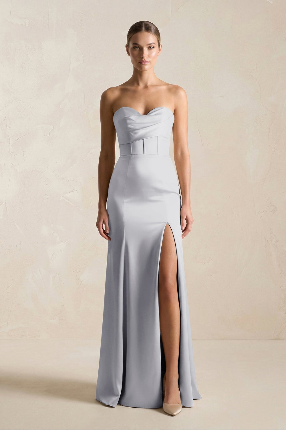 Sheath Sweetheart Corset Satin Bridesmaid Dress in Silver - KissProm Bridesmaid Dresses