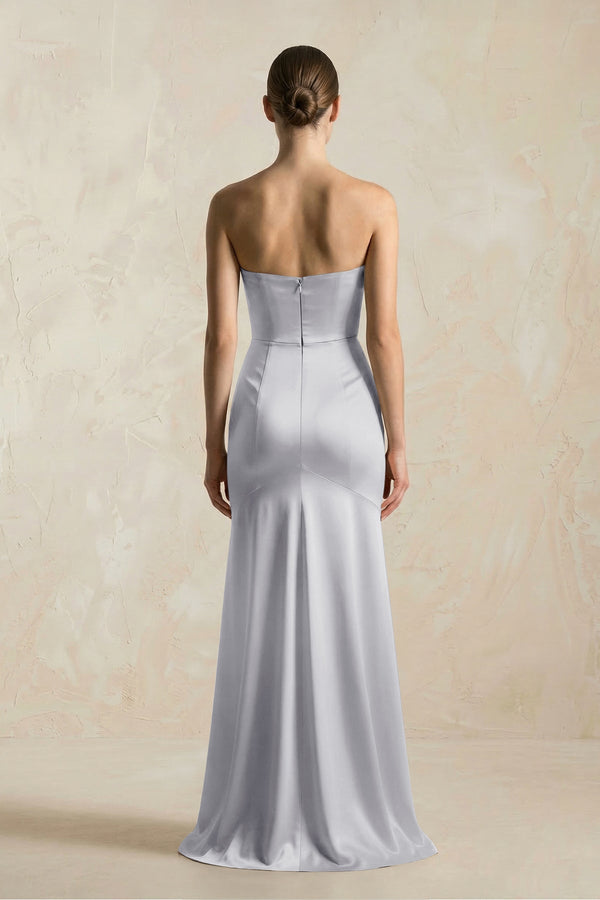 Sheath Sweetheart Corset Satin Bridesmaid Dress in Silver - KissProm Bridesmaid Dresses