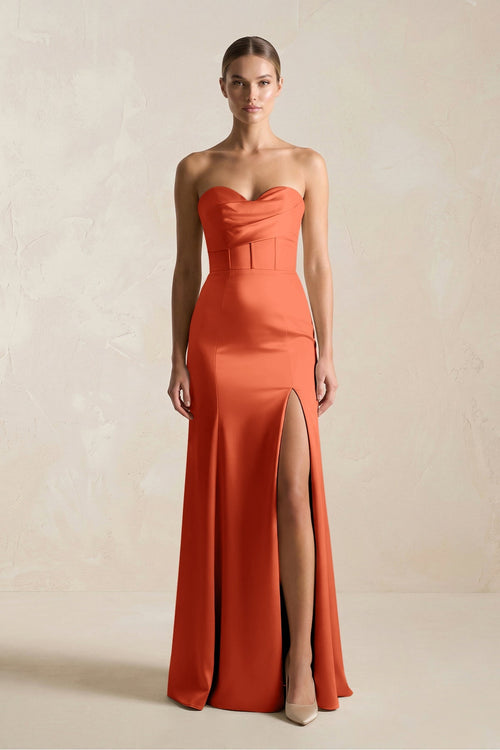 Sheath Sweetheart Corset Satin Bridesmaid Dress in Terracotta - KissProm Bridesmaid Dresses