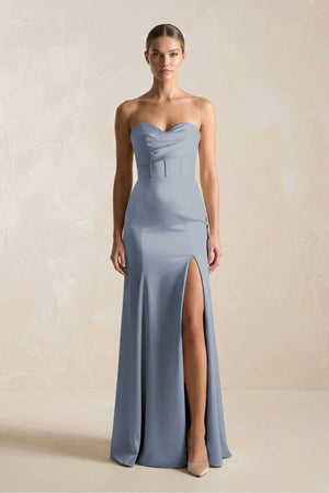 Sheath Sweetheart Corset Satin Bridesmaid Dress in Twilight - KissProm Bridesmaid Dresses