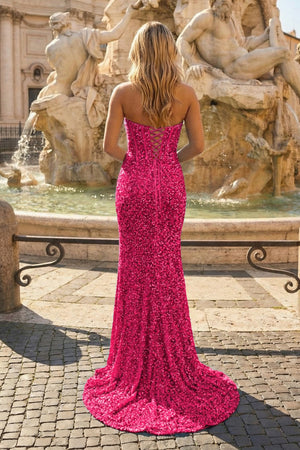 KissProm-Hot Pink Sheath Sweetheart Sequins Prom Dress with Slit