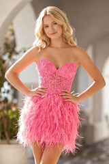 Sheath Sweetheart Lace Feather Skirt Homecoming Dress - KissProm  