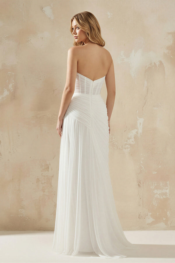 Sheath Sweetheart Tulle Wedding Dress With Slit in White - KissProm Wedding Dresses