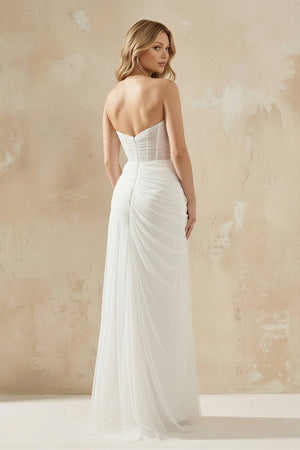 Sheath Sweetheart Tulle Wedding Dress With Slit in White - KissProm Wedding Dresses