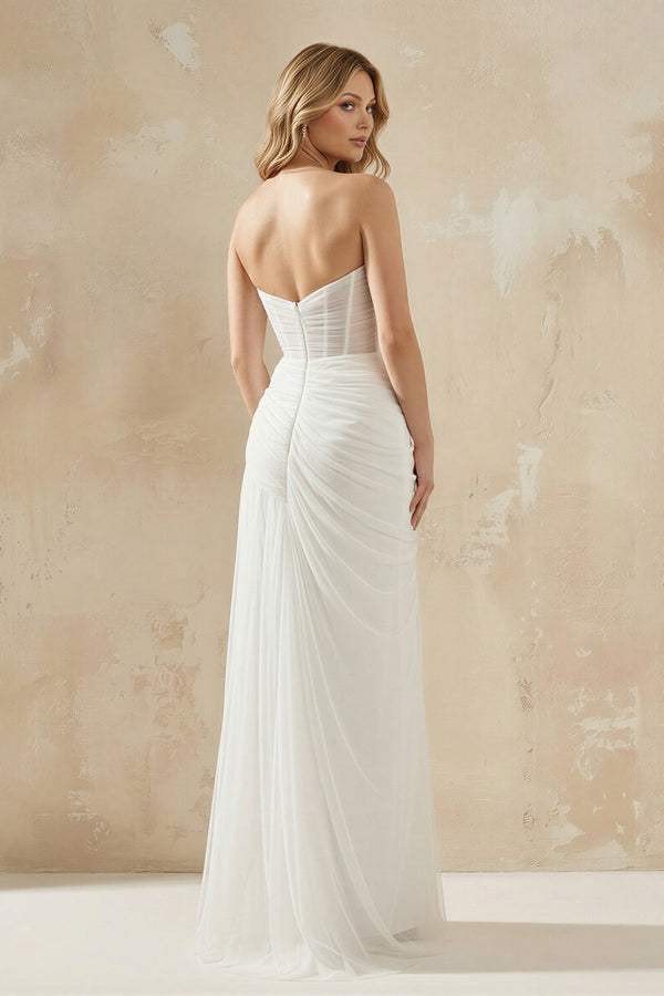 Sheath Sweetheart Tulle Wedding Dress With Slit in White - KissProm Wedding Dresses