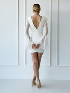 Sheath V - Neck Long Sleeves Short Mini Tulle Little White Wedding Dresses - KissProm