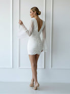 Sheath V - Neck Long Sleeves Short Mini Tulle Little White Wedding Dresses - KissProm