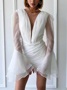 Sheath V - Neck Long Sleeves Short Mini Tulle Little White Wedding Dresses - KissProm