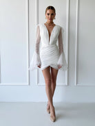 Sheath V - Neck Long Sleeves Short Mini Tulle Little White Wedding Dresses - KissProm