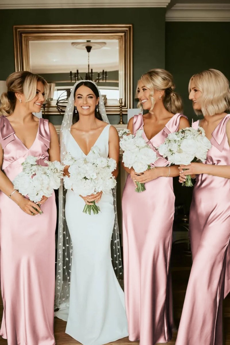 KissProm Sheath V Neck Sage Green Silk Satin Bridesmaid Dress with Bow, Sage Green / Custom Size