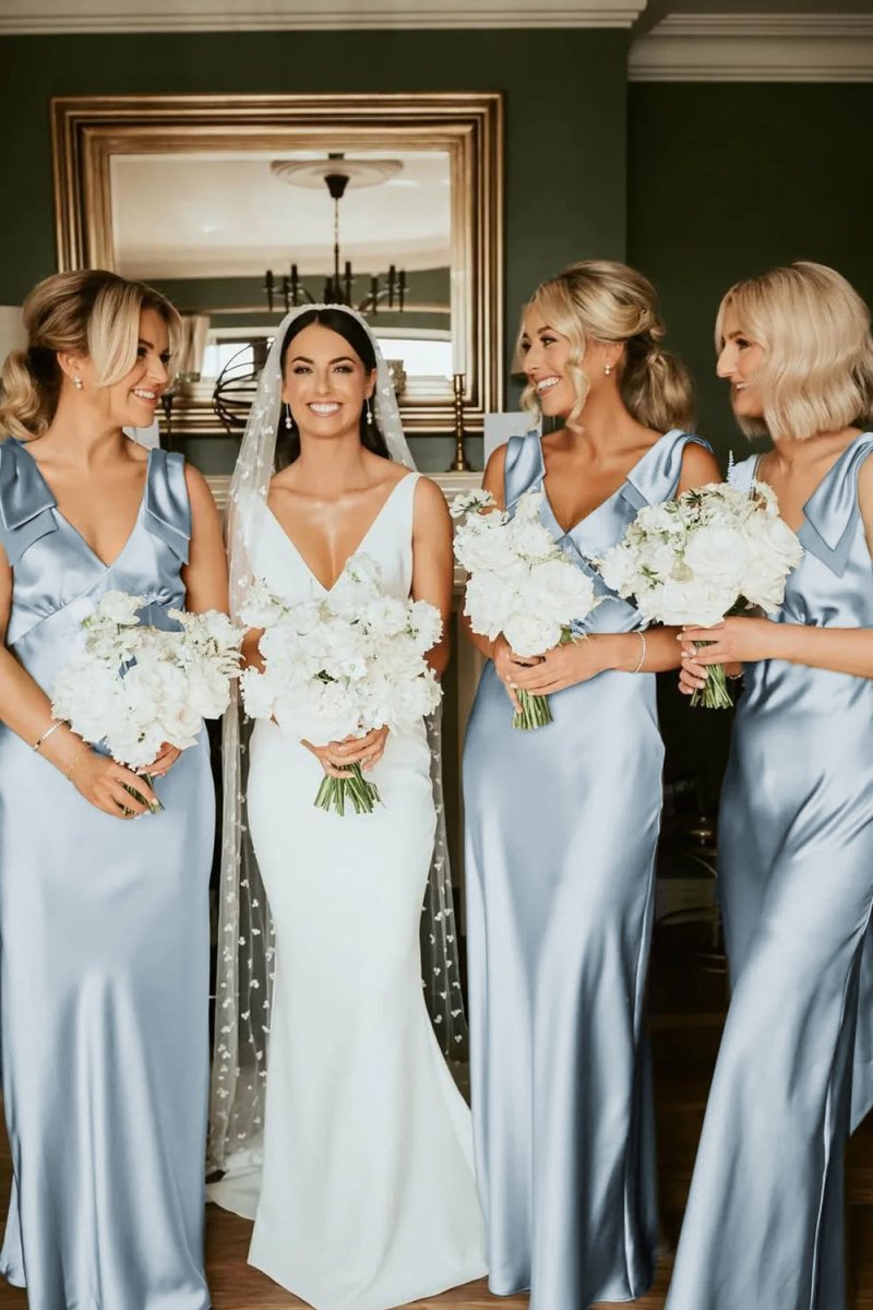 KissProm Sheath V Neck Sage Green Silk Satin Bridesmaid Dress with Bow, Sage Green / Custom Size