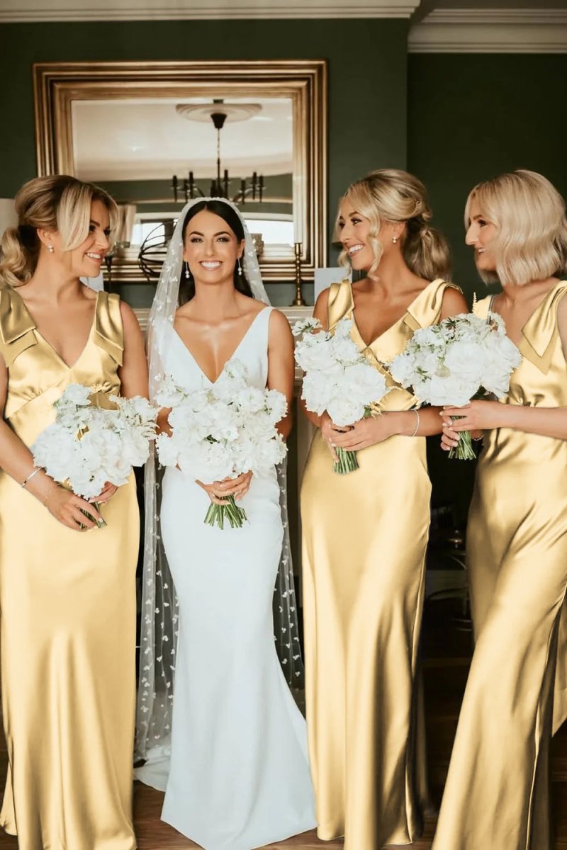 Sheath V Neck Sage Green Silk Satin Bridesmaid Dress with Bow