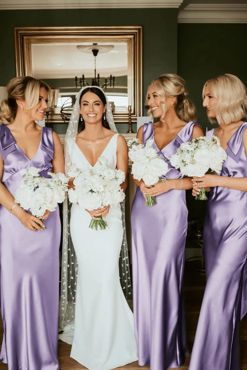 KissProm Sheath V Neck Sage Green Silk Satin Bridesmaid Dress with Bow, Sage Green / Custom Size