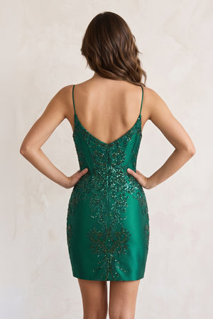 Sheath Dark Green V-neck Spaghetti Straps Bodice Mini Party Dresses