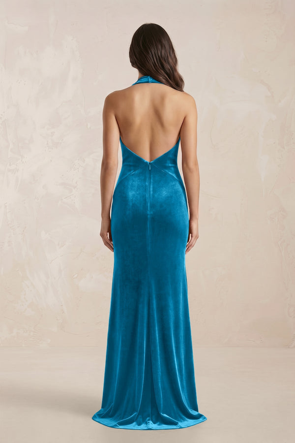 KissProm | Sheath Velvet V-Neck Bridesmaid Dress in Blue Jay KissProm | Sheath Velvet V-Neck Bridesmaid Dress in Blue Jay