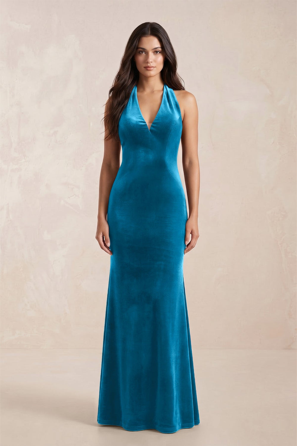 Sheath Velvet V - Neck Bridesmaid Dress in Blue Jay - KissProm Bridesmaid Dresses