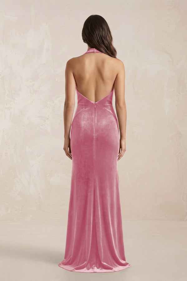 blush velvet bridesmaid dresses Blush Pink Off the Shoulder Bridesmaid Dress with Slit – FancyVestido main image 0