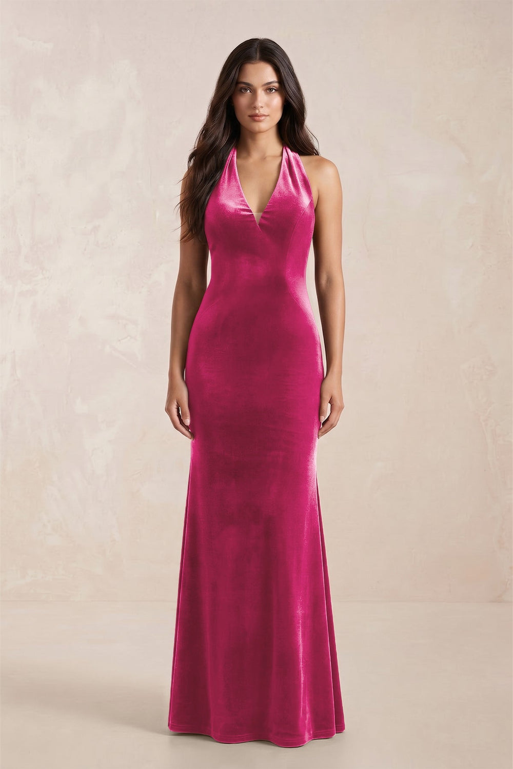 Sheath Velvet V - Neck Bridesmaid Dress in Bon Bon Pink - KissProm Bridesmaid Dresses