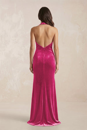 Sheath Velvet V - Neck Bridesmaid Dress in Bon Bon Pink - KissProm Bridesmaid Dresses