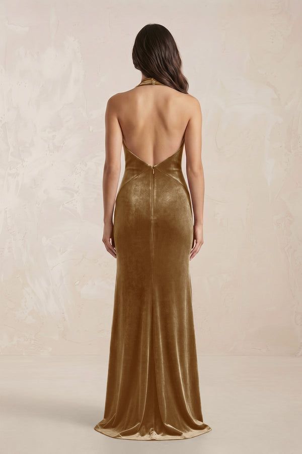 KissProm | Sheath Velvet V-Neck Bridesmaid Dress in Bronzer