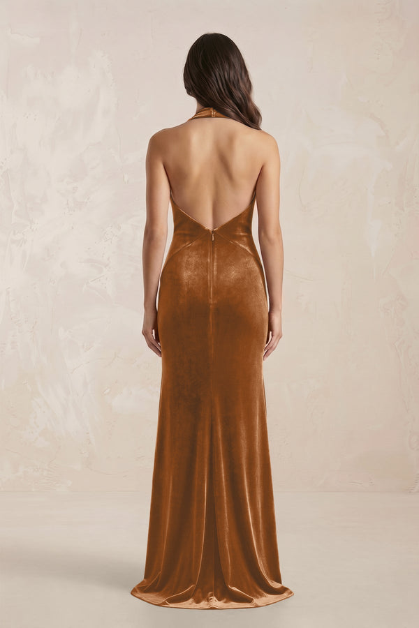 Sheath Velvet V - Neck Bridesmaid Dress in Brown - KissProm Bridesmaid Dresses