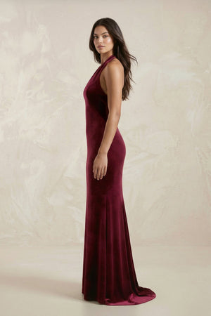 Sheath Velvet V - Neck Bridesmaid Dress in Burgundy - KissProm Bridesmaid Dresses