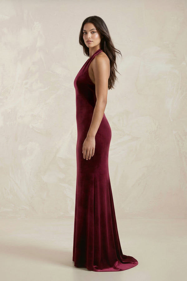 Sheath Velvet V - Neck Bridesmaid Dress in Burgundy - KissProm Bridesmaid Dresses