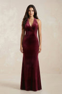Sheath Velvet V - Neck Bridesmaid Dress in Burgundy - KissProm Bridesmaid Dresses