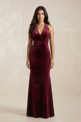 Sheath Velvet V - Neck Bridesmaid Dress in Burgundy - KissProm Bridesmaid Dresses