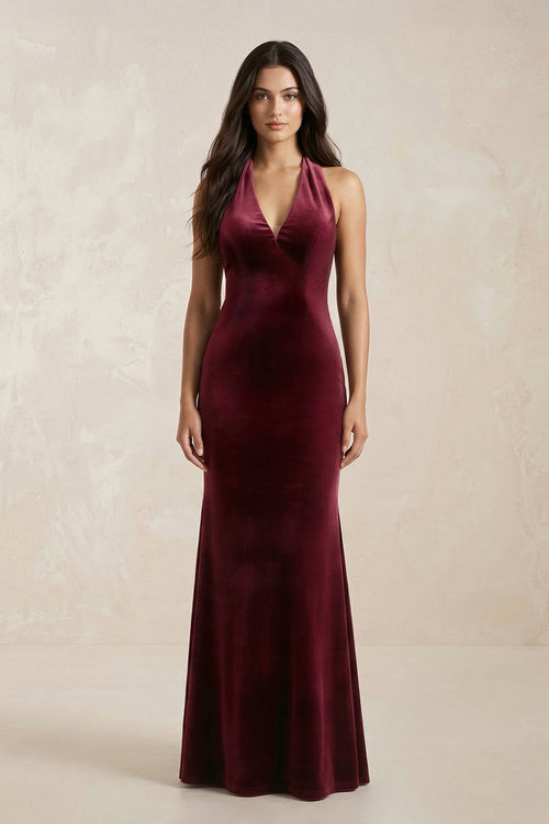 KissProm | Sheath Velvet V-Neck Bridesmaid Dress in Burgundy