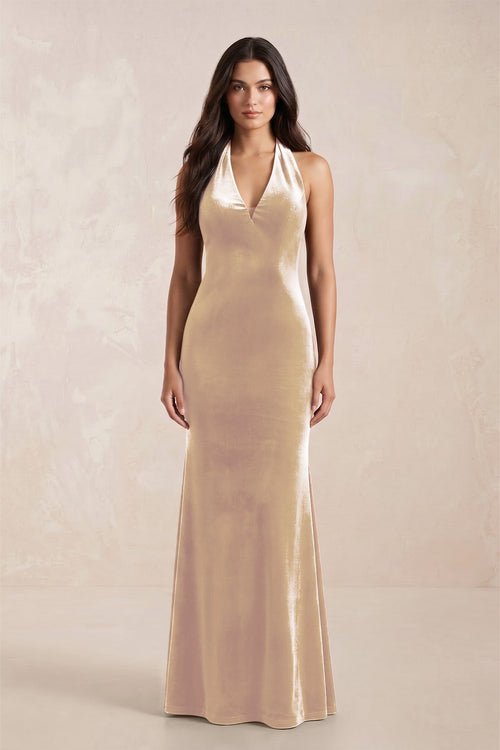 KissProm | Sheath Velvet V-Neck Bridesmaid Dress in Champagne KissProm | Sheath Velvet V-Neck Bridesmaid Dress in Champagne