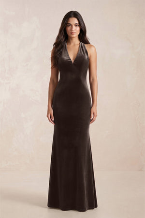 Sheath Velvet V - Neck Bridesmaid Dress in Chocolate - KissProm Bridesmaid Dresses