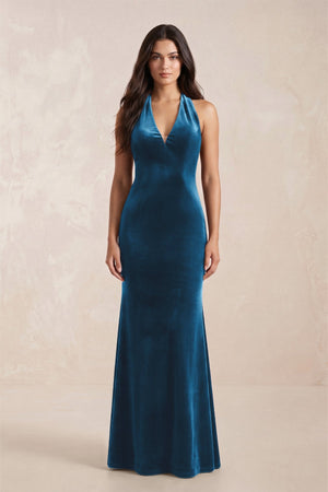 Sheath Velvet V - Neck Bridesmaid Dress in Dark Teal - KissProm Bridesmaid Dresses