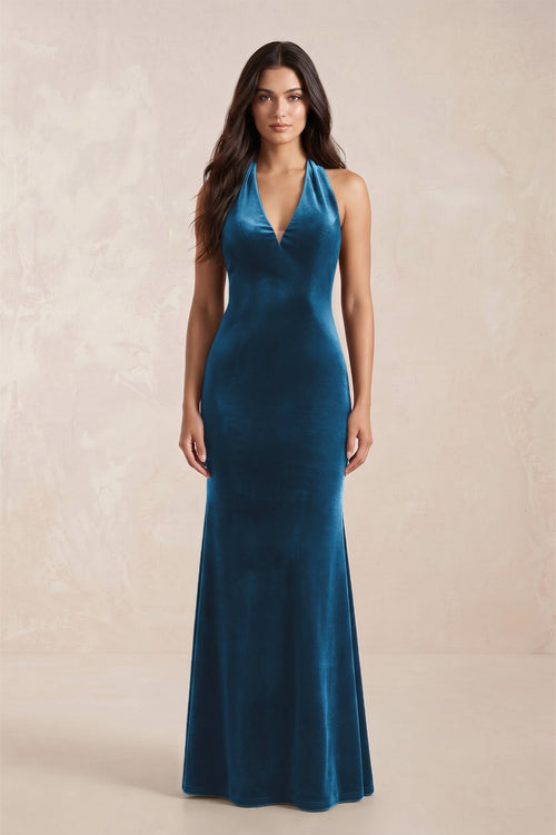Sheath Velvet V - Neck Bridesmaid Dress in Dark Teal - KissProm Bridesmaid Dresses