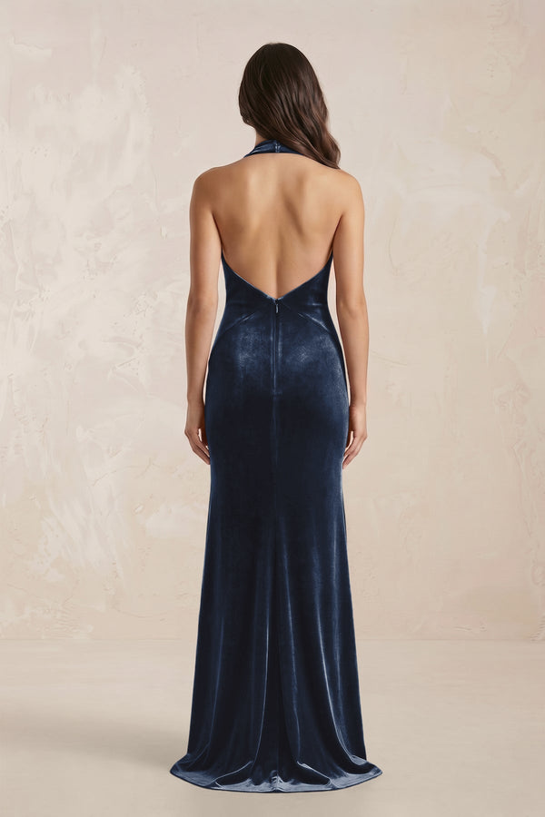 Sheath Velvet V - Neck Bridesmaid Dress in Dusk Blue - KissProm Bridesmaid Dresses