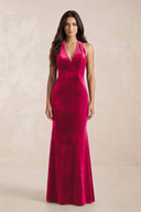 Sheath Velvet V - Neck Bridesmaid Dress in Fuchsia - KissProm Bridesmaid Dresses