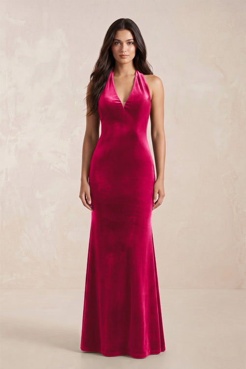 Sheath Velvet V - Neck Bridesmaid Dress in Fuchsia - KissProm Bridesmaid Dresses
