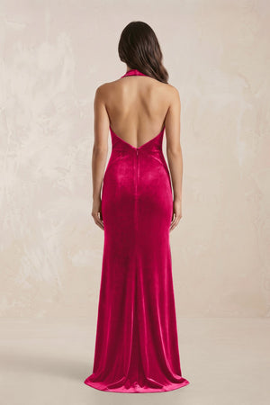 Sheath Velvet V - Neck Bridesmaid Dress in Fuchsia - KissProm Bridesmaid Dresses