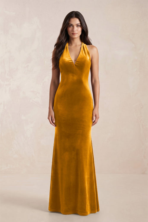gold velvet bridesmaid dresses Burnished Gold Velvet V-Neck Bridesmaid Dress Mermaid Floor-Length main image 1
