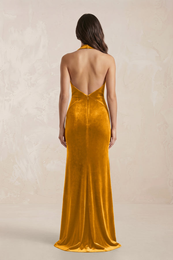 KissProm | Sheath Velvet V-Neck Bridesmaid Dress in Gold