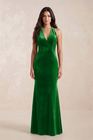 Sheath Velvet V - Neck Bridesmaid Dress in Green - KissProm Bridesmaid Dresses