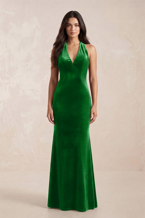 velvet green bridesmaid dresses Hunter Green Velvet Bridesmaid Dress Mermaid Maxi Flutter Sleeve V-Neck main image 1
