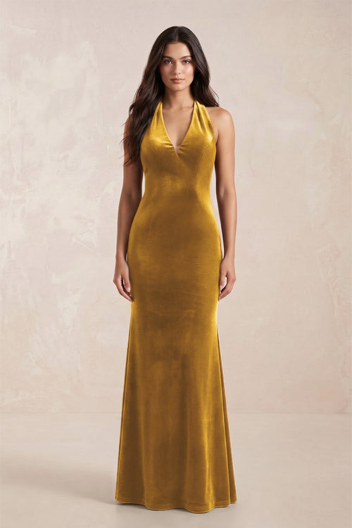 marigold velvet bridesmaid dress KissProm