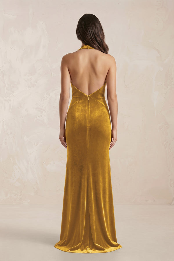 KissProm | Sheath Velvet V-Neck Bridesmaid Dress in Marigold