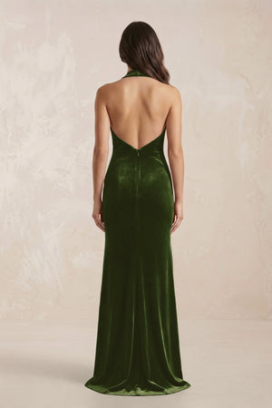 Sheath Velvet V - Neck Bridesmaid Dress in Olive - KissProm Bridesmaid Dresses